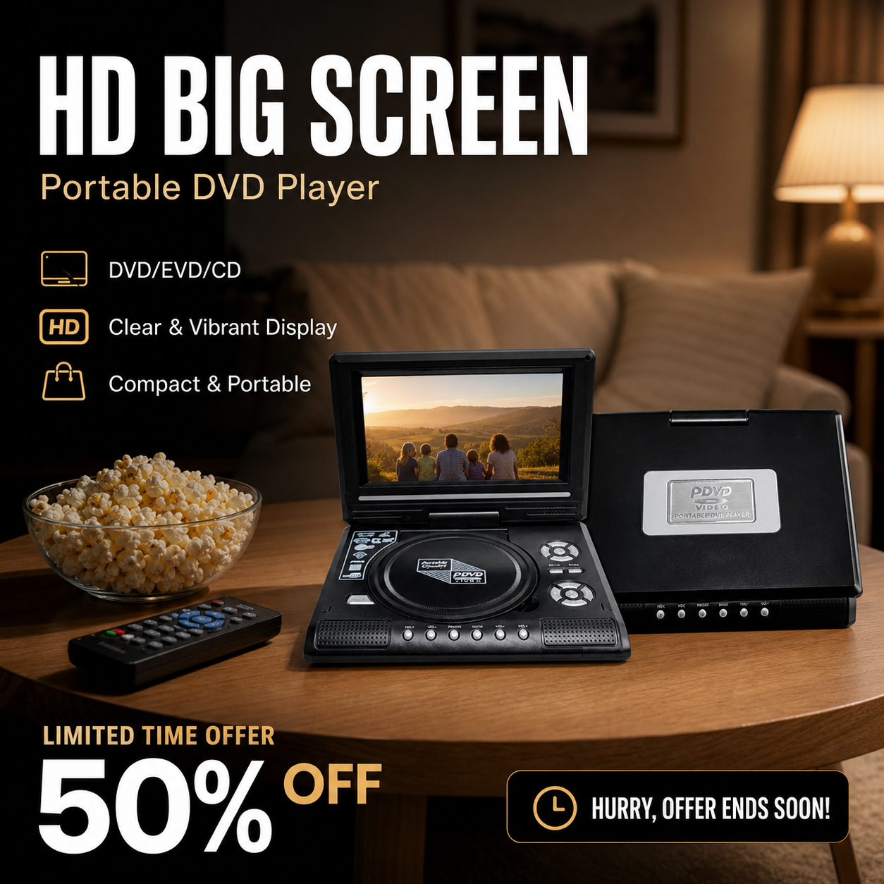Portable rechargeable DVD EVD player for travel home and camping