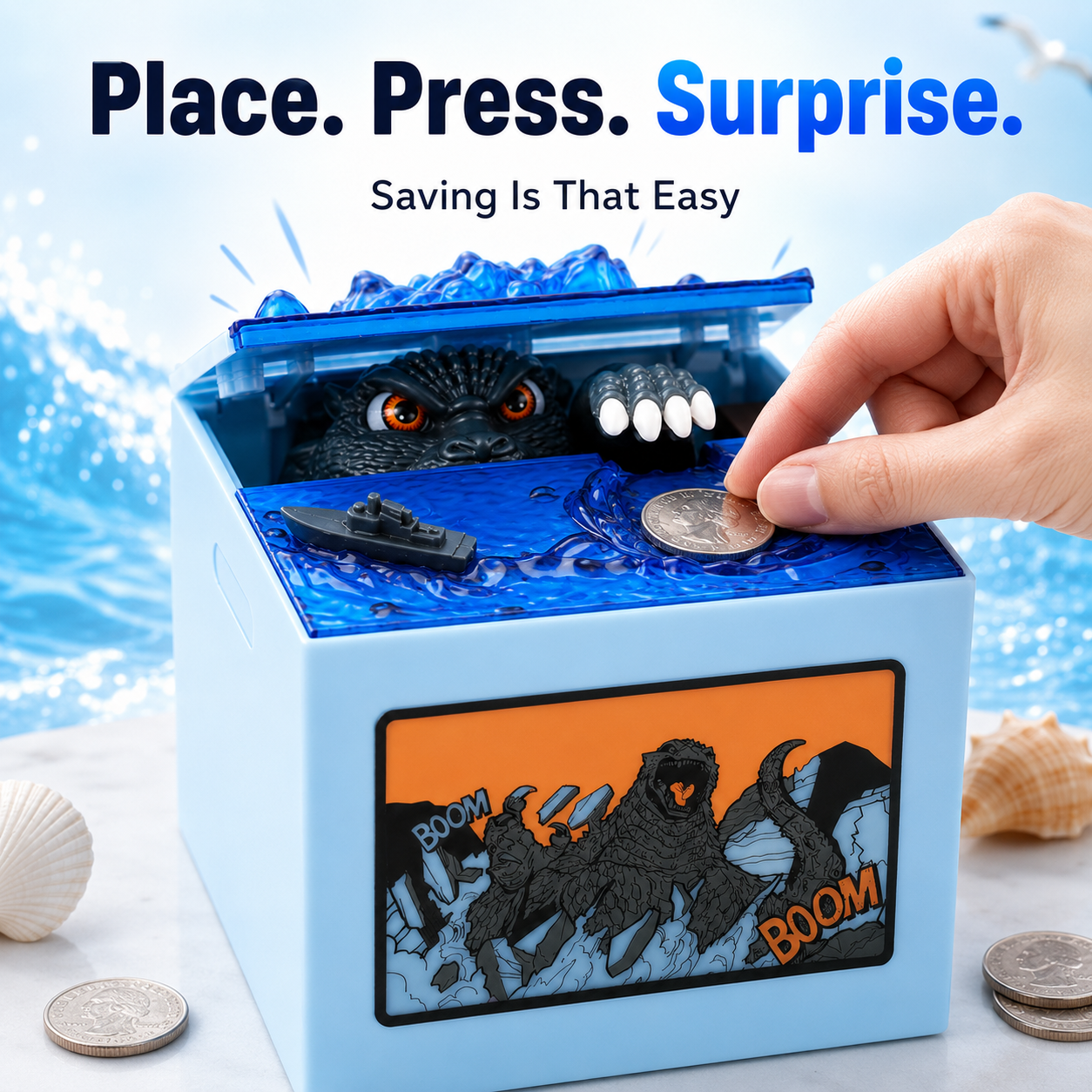 Kid depositing coin into monster coin bank on desk