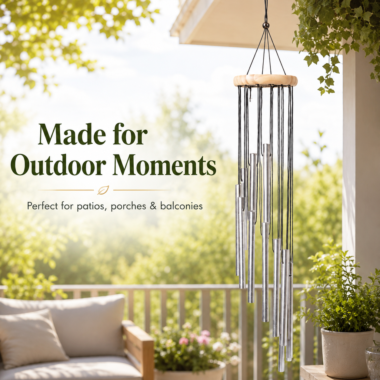 Wind chime hanging from outdoor tree branch in garden environment