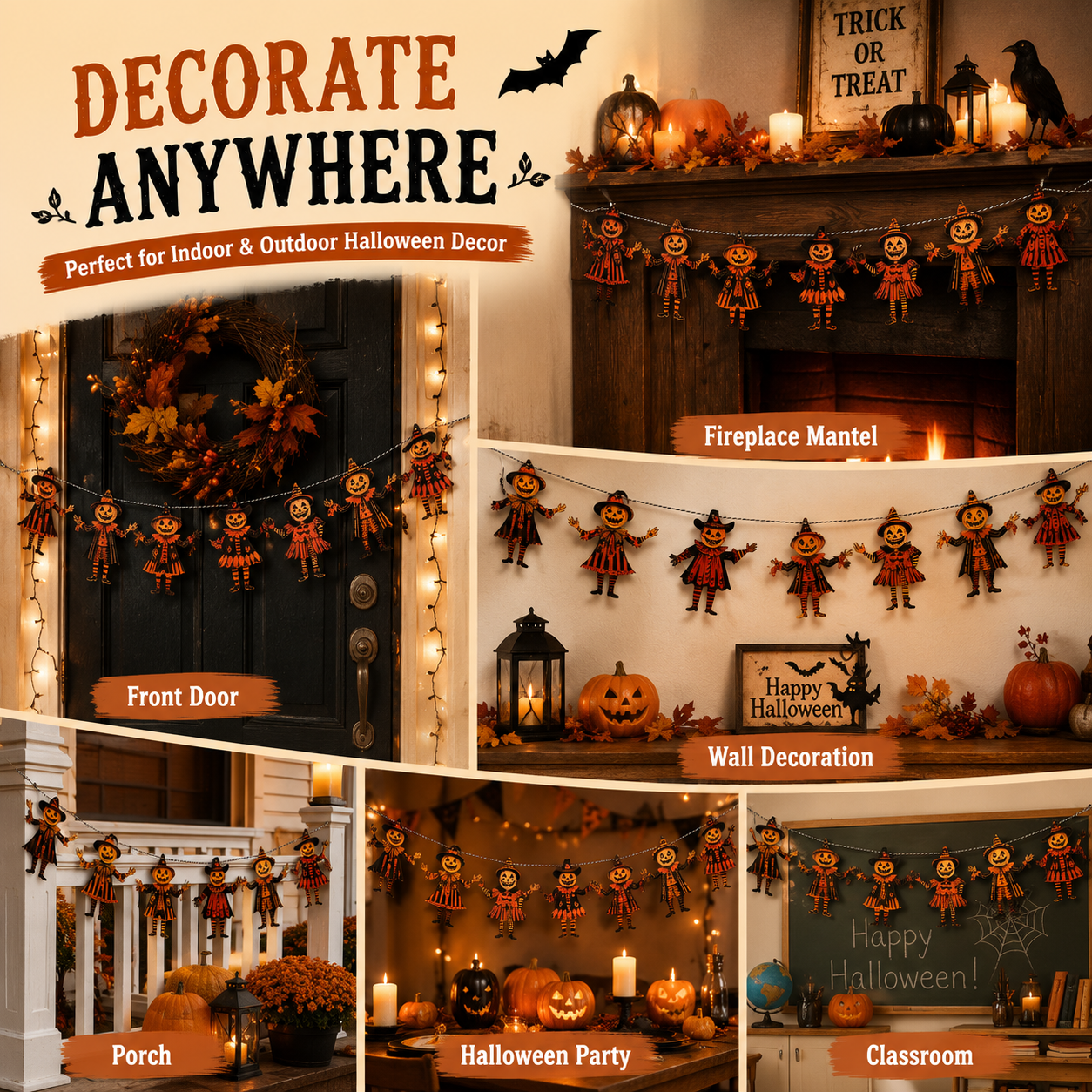 Garland hung on living room fireplace mantel with pumpkins