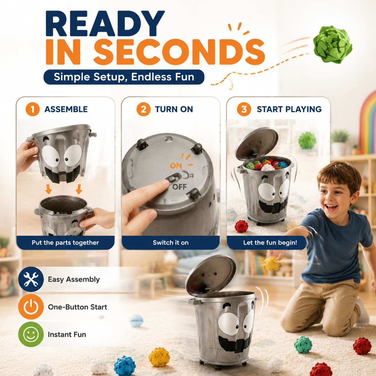 Moving trash can toy placed in children bedroom