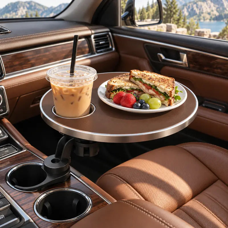 Brown car cup holder tray holding food and a drink