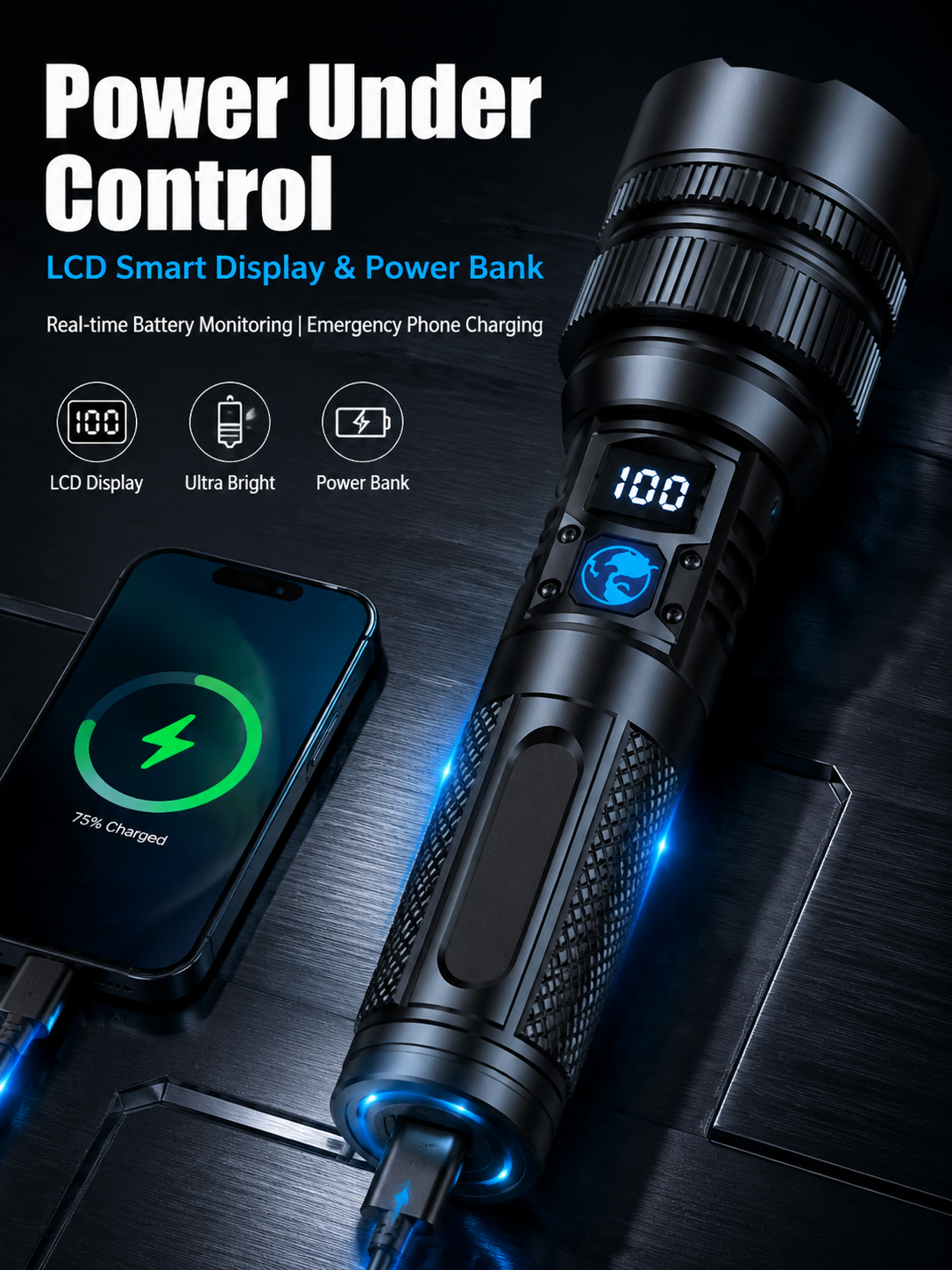 Flashlight USB power bank function for compatible devices