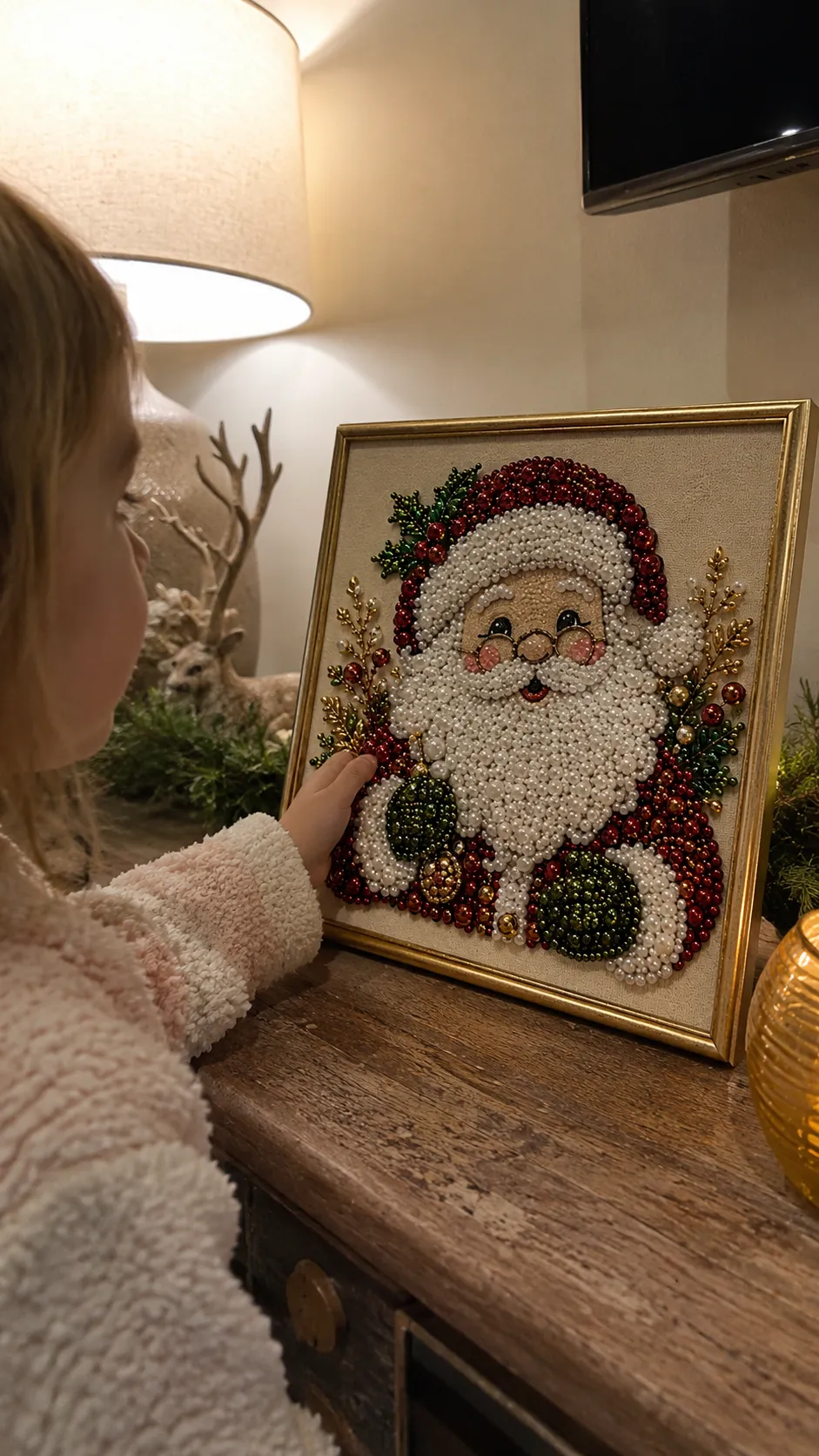 Finished Christmas pearl diamond painting on home dresser
