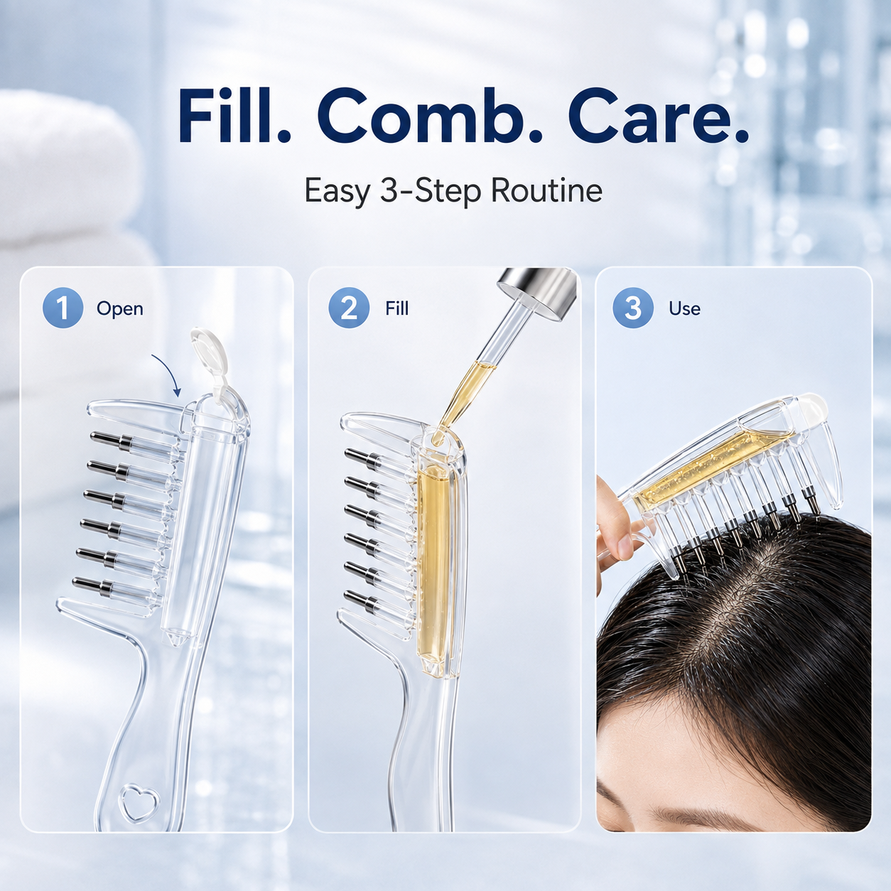 Adding hair oil into the clear comb reservoir using dropper