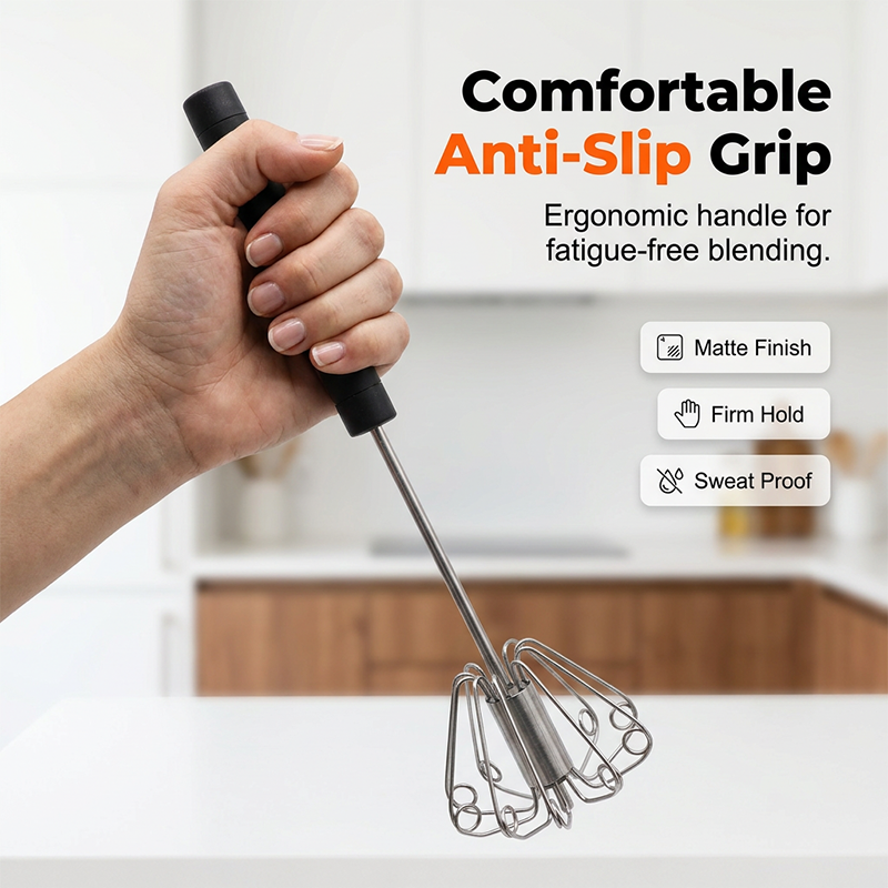 Comfortable handle on semi-automatic kitchen whisk