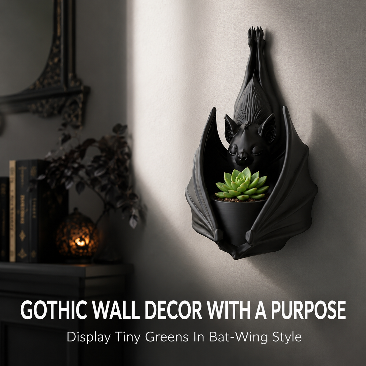 Seamless 3D printed matte black bat planter texture detail