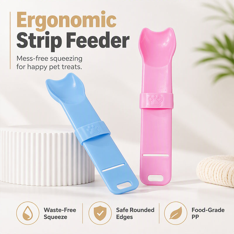 Blue and pink cat strip treat feeders