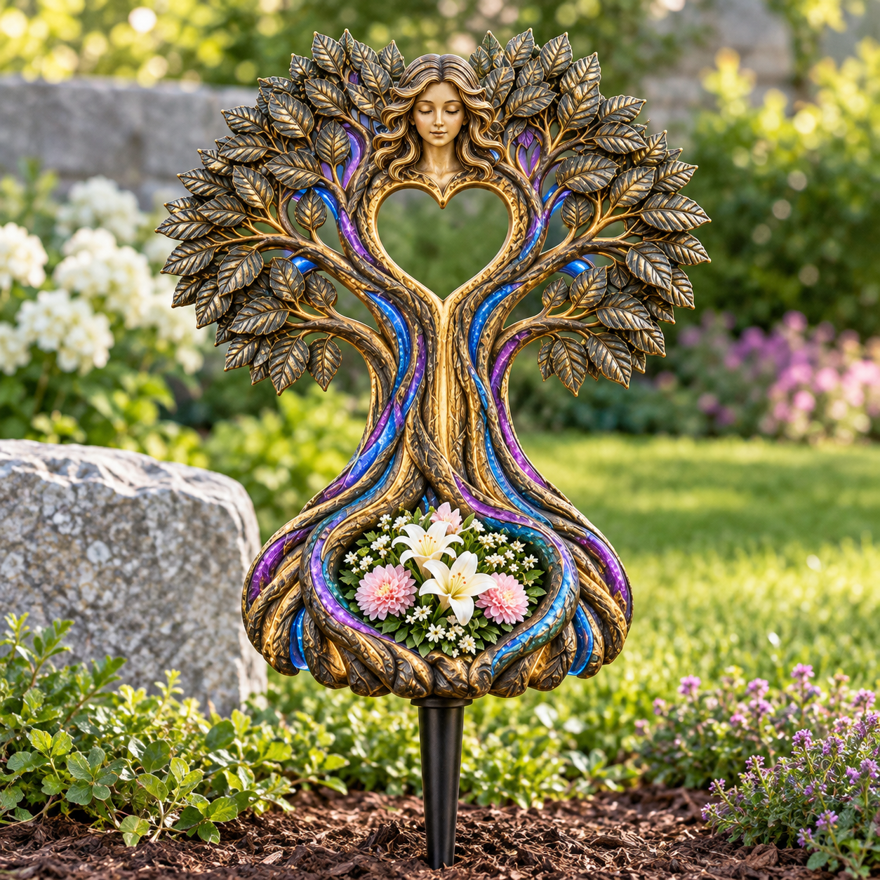 Guardian Heart Tree memorial garden sculpture in daylight