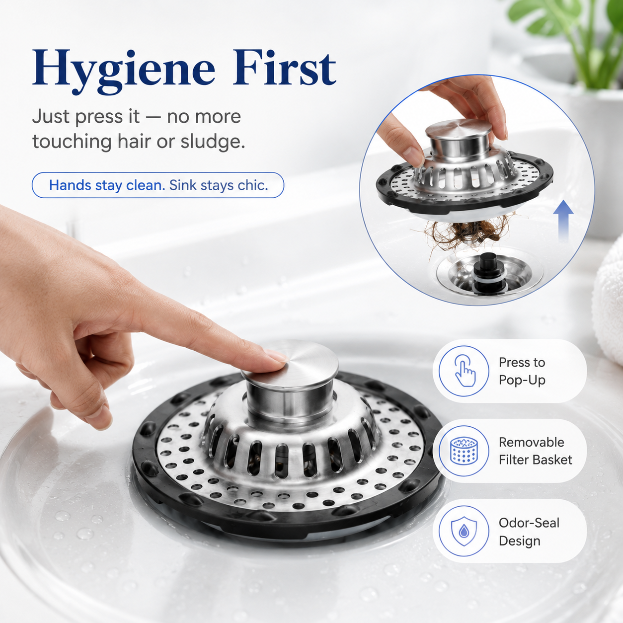 Press operated pop up sink stopper