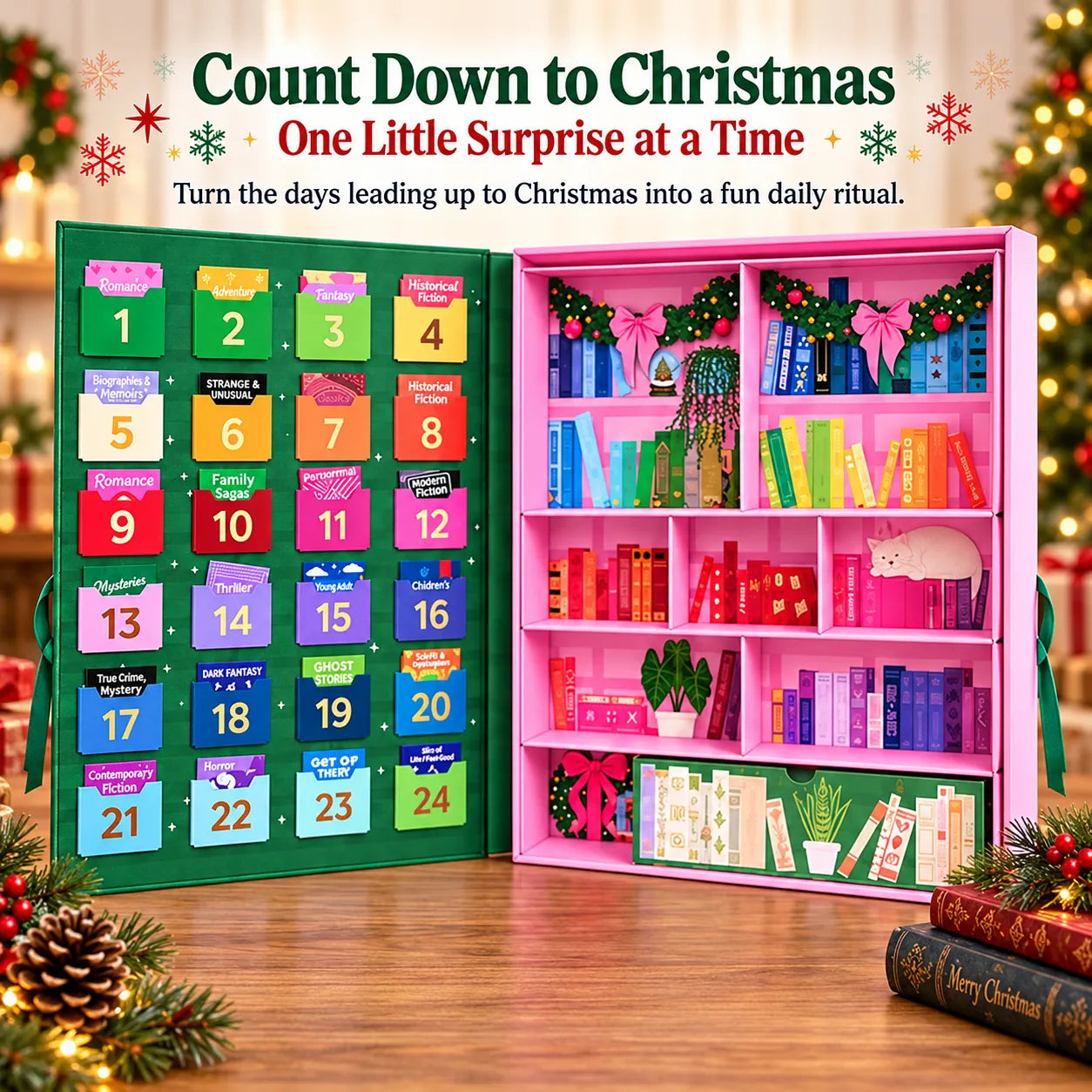 The open Book Lover’s Advent Calendar with 24 numbered doors and a festive illustrated bookshelf