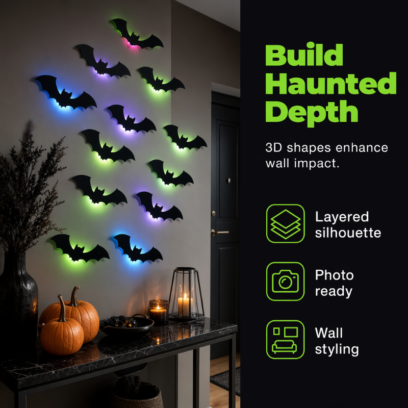 3D Halloween bat wall decals layered wing silhouettes create haunted wall depth