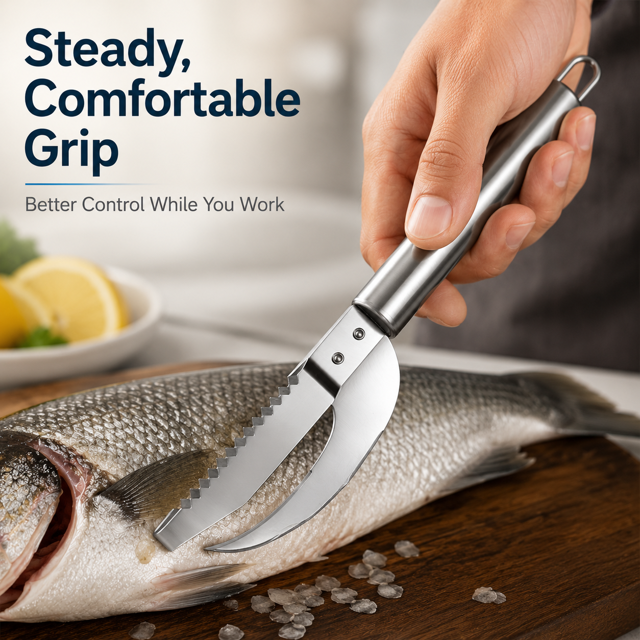 Curved blade opening fish belly for internal cleaning