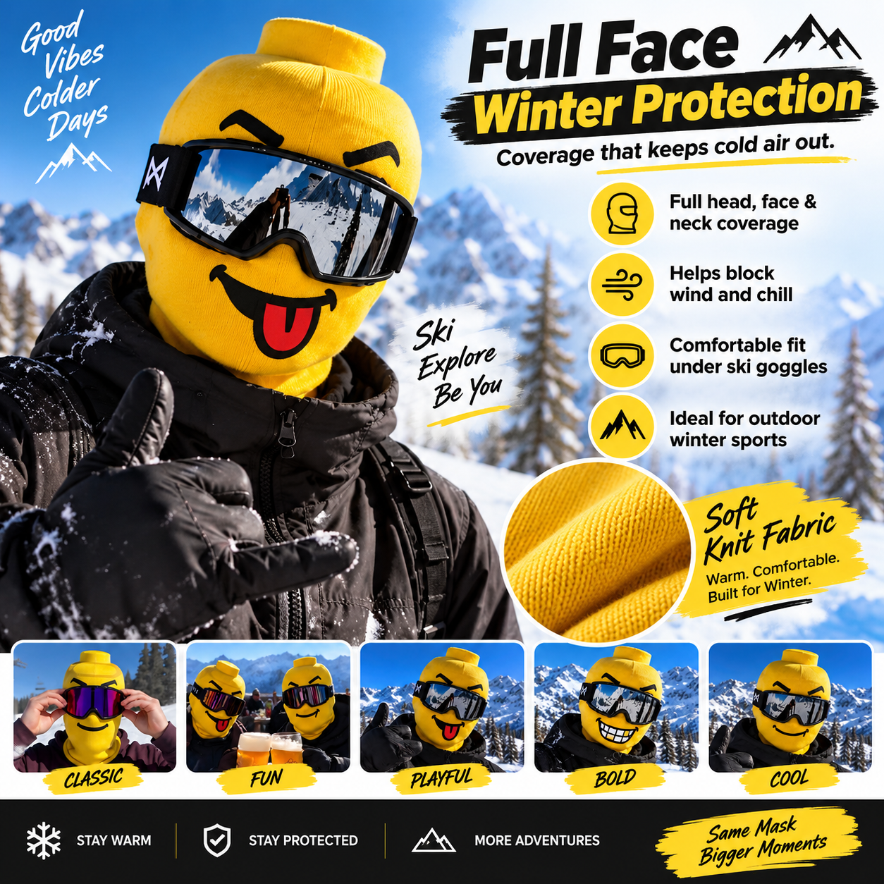 Funny yellow ski mask full face and neck coverage