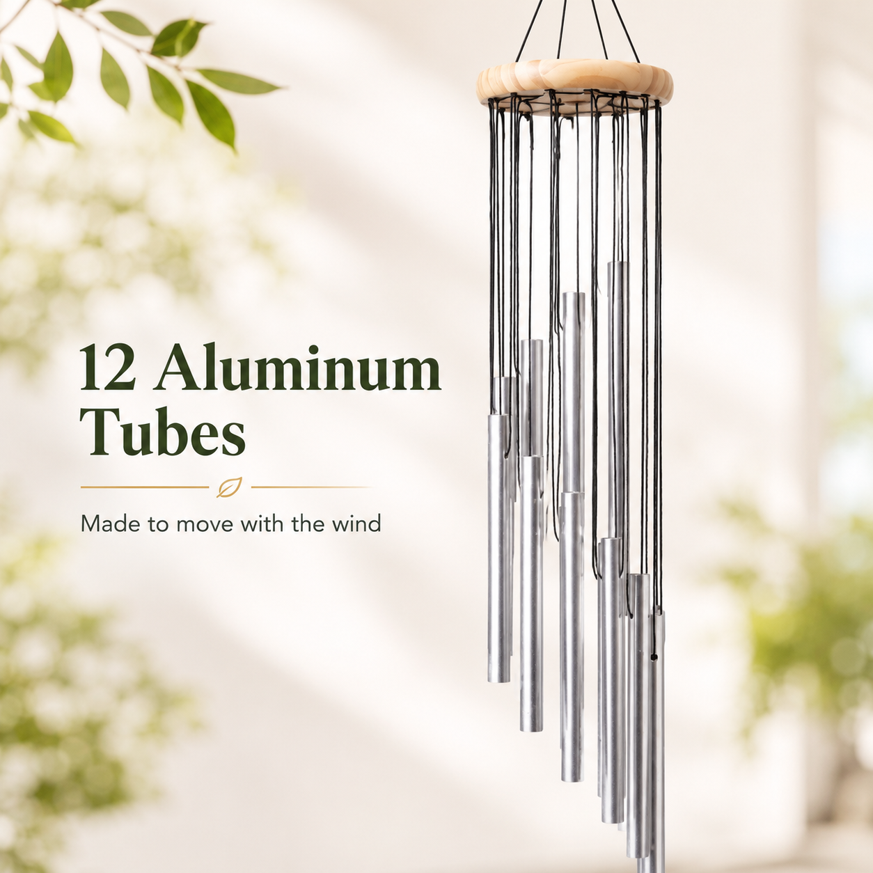 Close up view of 12 metallic aluminum chime tubes texture and finish