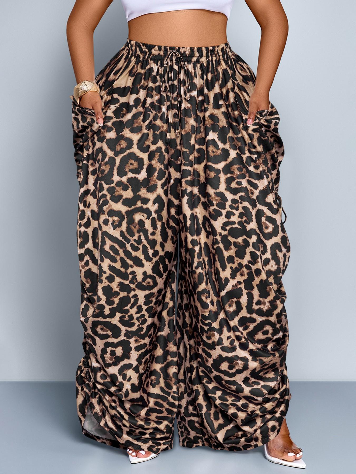 Women's Plus Size Leopard Print Wide Leg Pants, High Waist Elastic Waist Adjustable, Loose-Fitting Long Pants, Casual All Seasons Fashion, Casual High Waisted