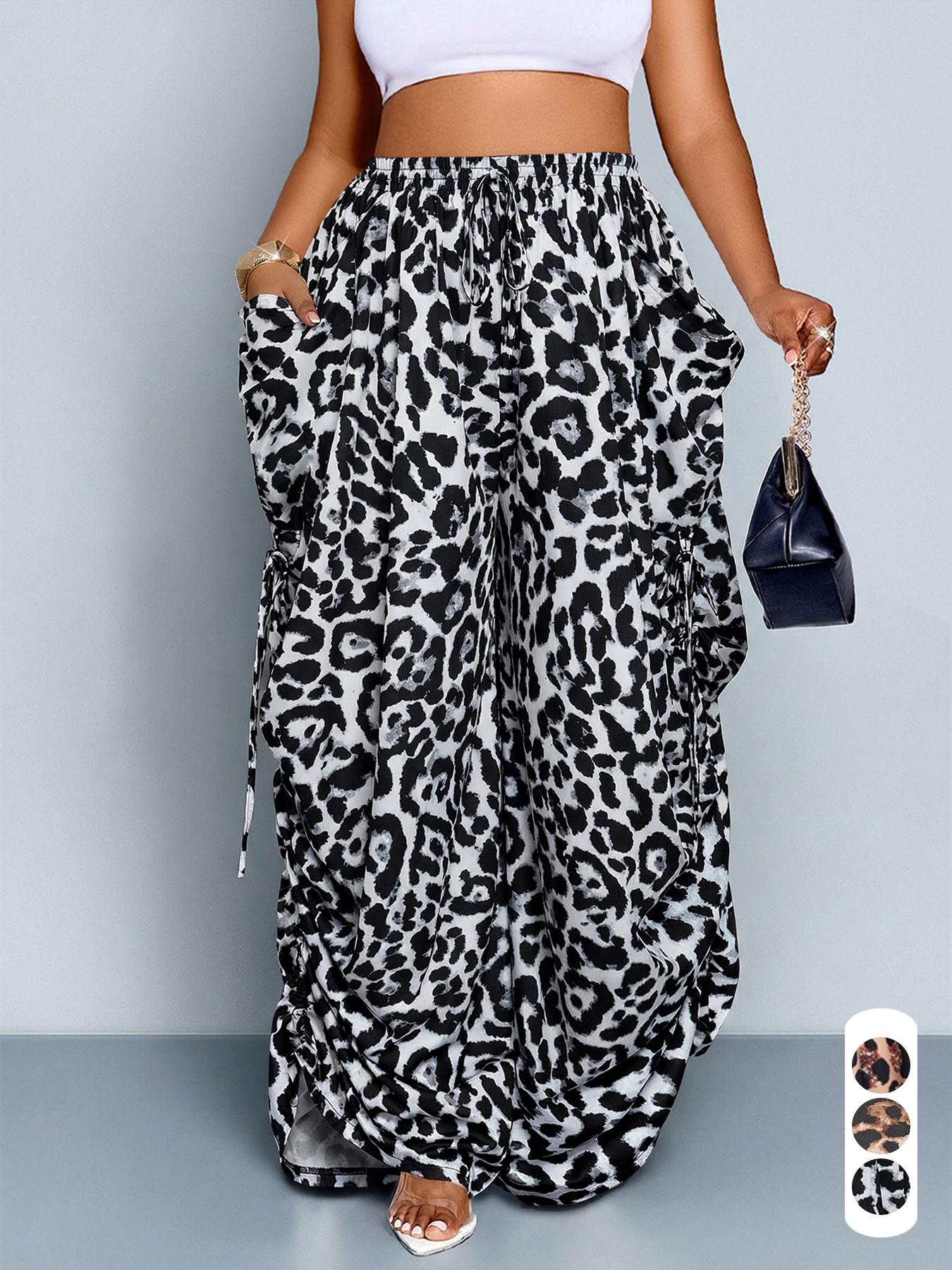 Women's Plus Size Leopard Print Wide Leg Pants, High Waist Elastic Waist Adjustable, Loose-Fitting Long Pants, Casual All Seasons Fashion, Casual High Waisted