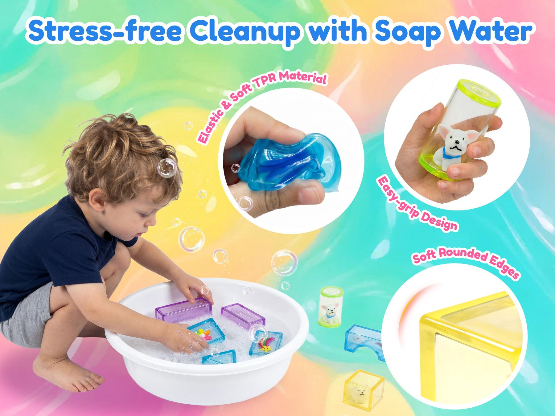 Water-friendly jelly building blocks for bath play
