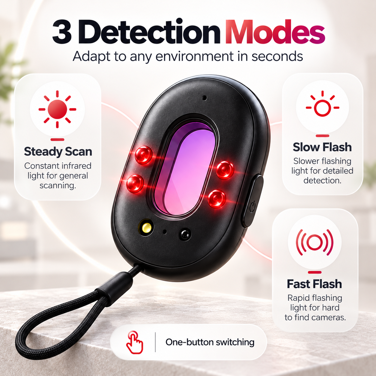 3 detection modes steady scan slow flash fast flash