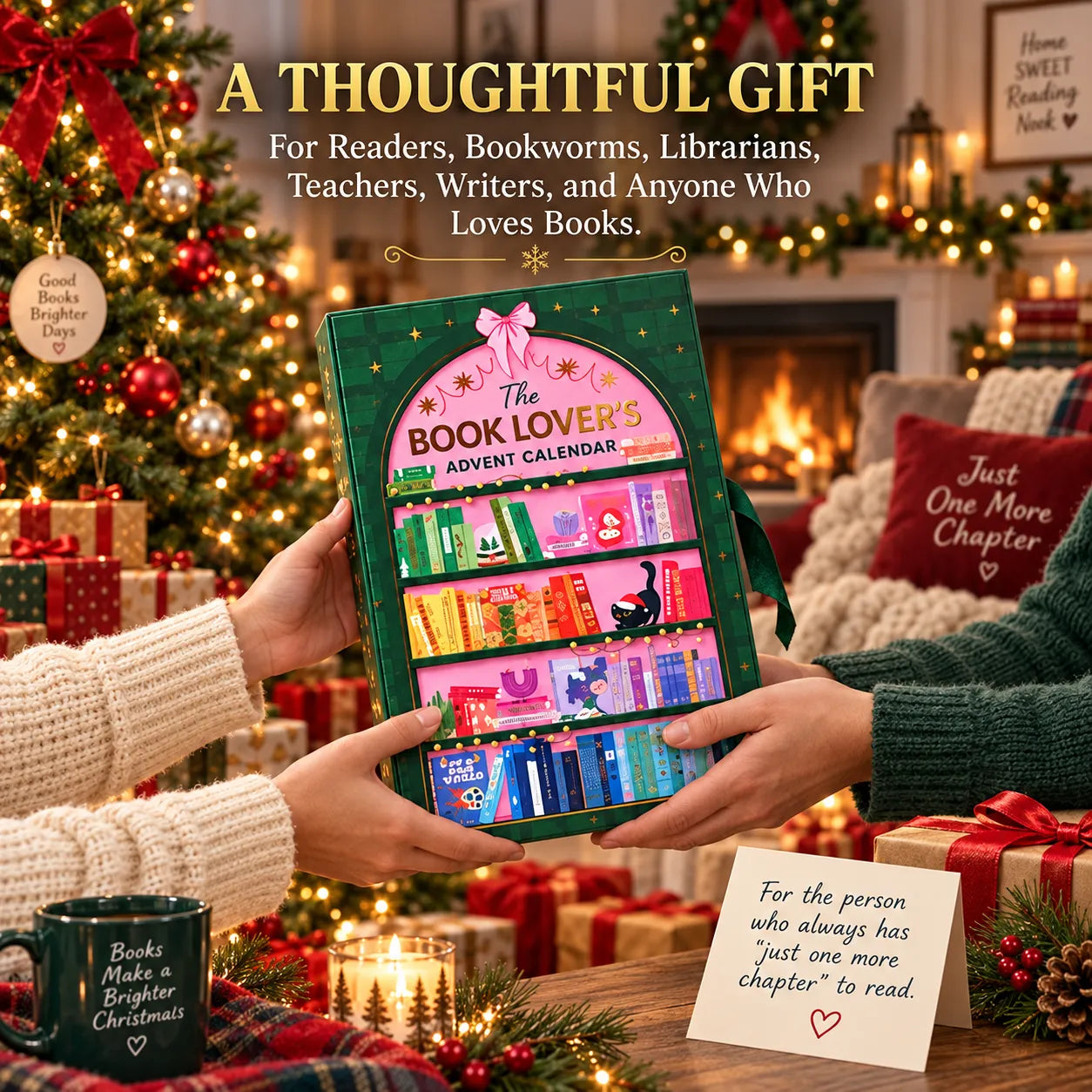 The Book Lover’s Advent Calendar being given as a Christmas gift in a cozy reading room
