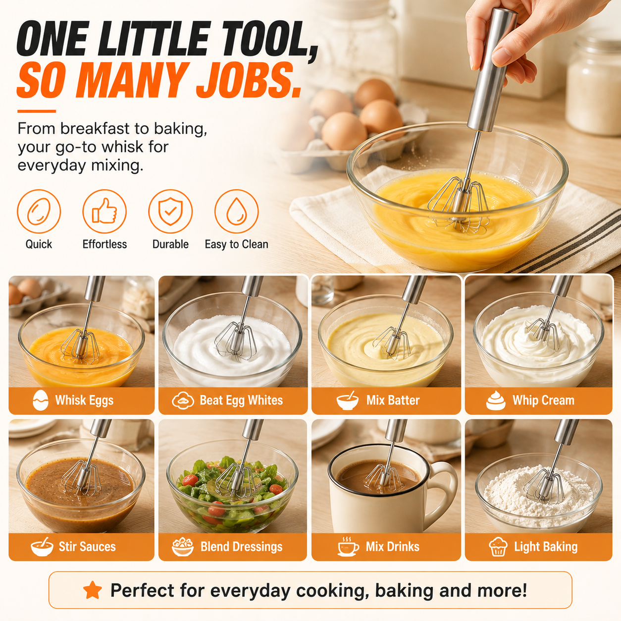 Easy clean stainless steel rotary whisk