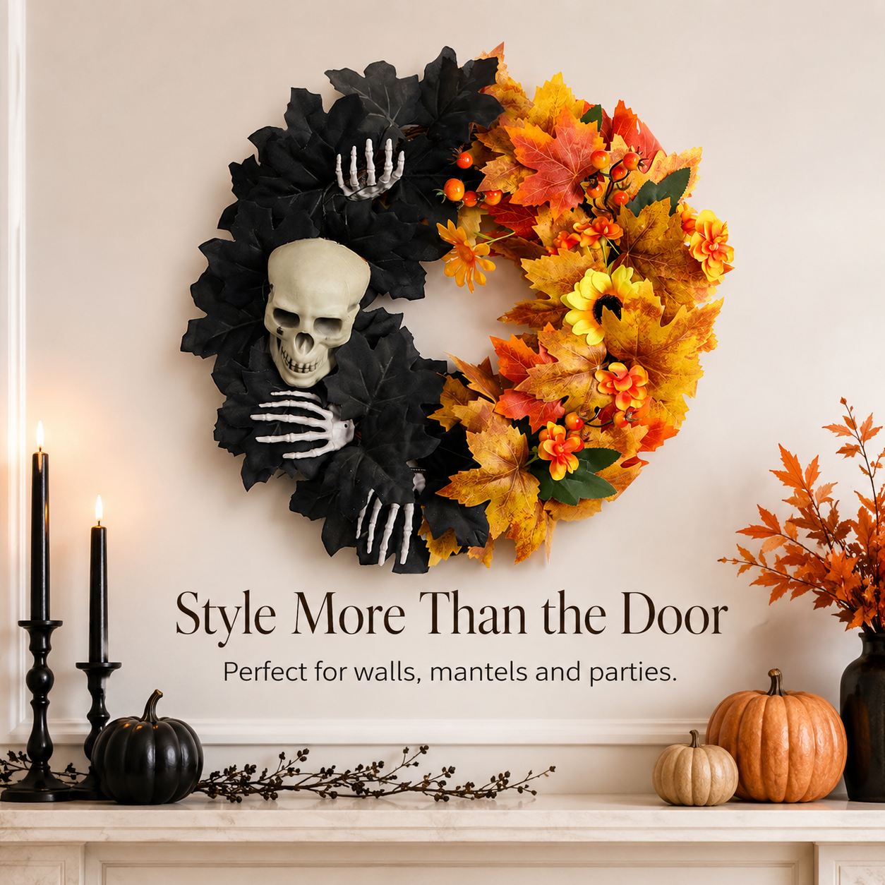 Halloween wreath with spiders bats and gothic branches closeup