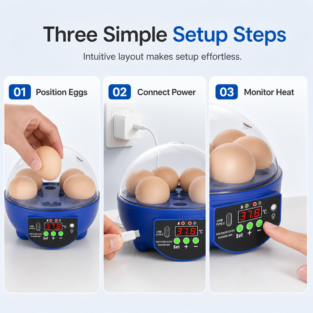 Three simple setup steps for USB automatic egg incubator