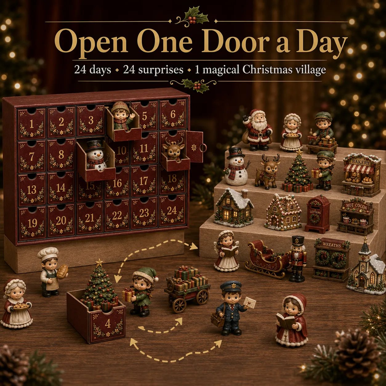 Detailed close-up of Santa Claus, snowmen, and holiday cottages