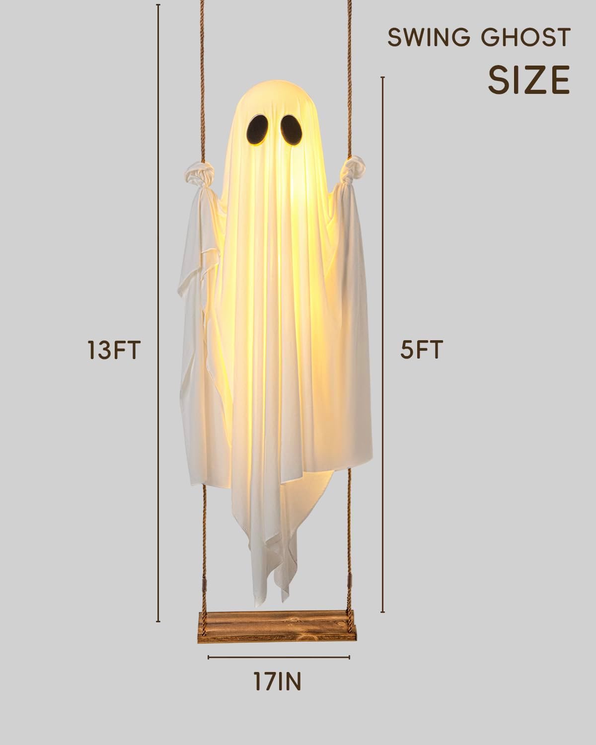 Swinging ghost dimensions showing 5 foot ghost and adjustable 13 foot hanging height