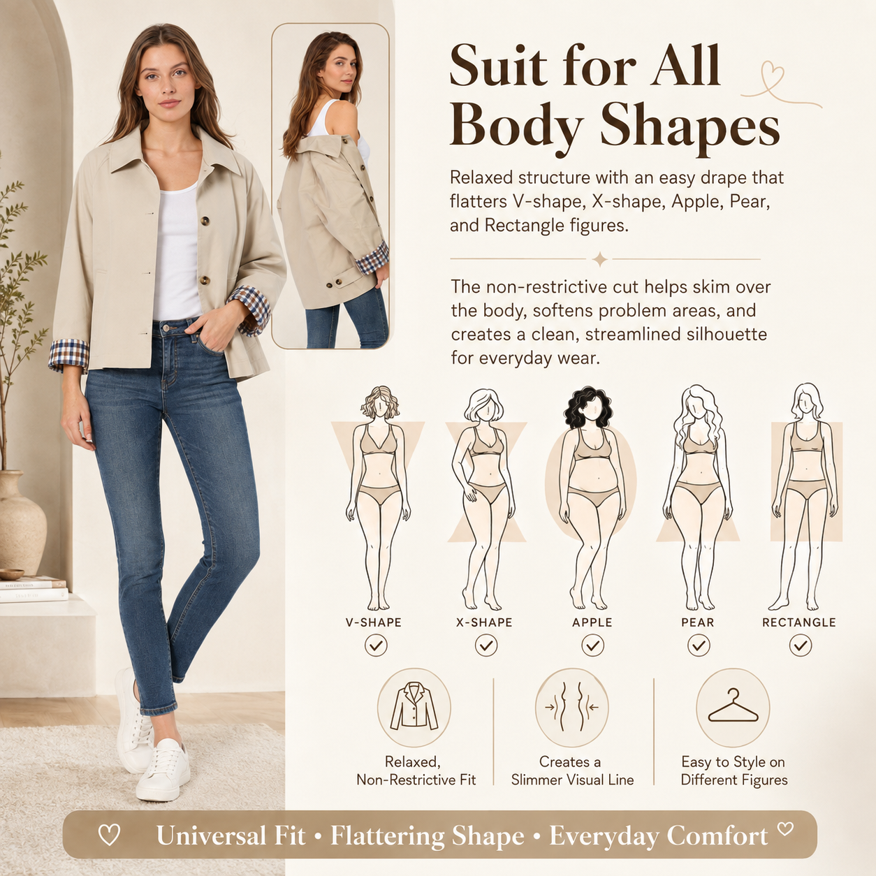 Cropped trench coat fits Apple Pear Rectangle body shapes