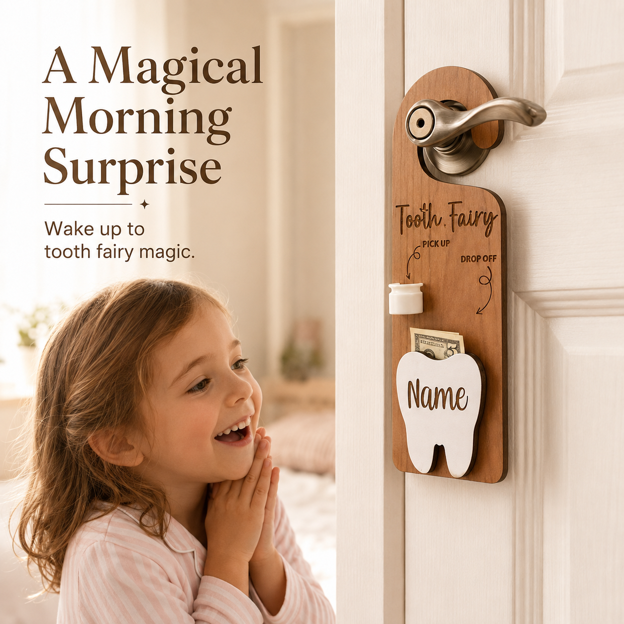 Personalized wooden tooth fairy door hanger overview