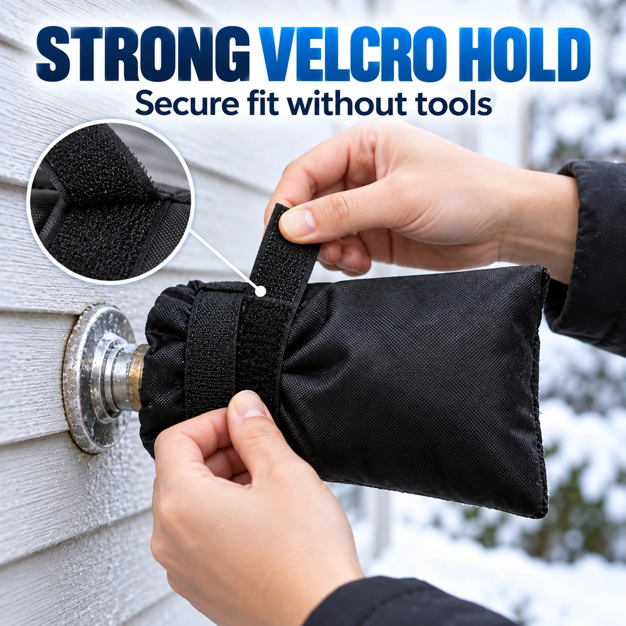 Hands fastening the outdoor faucet cover using its hook-and-loop strap