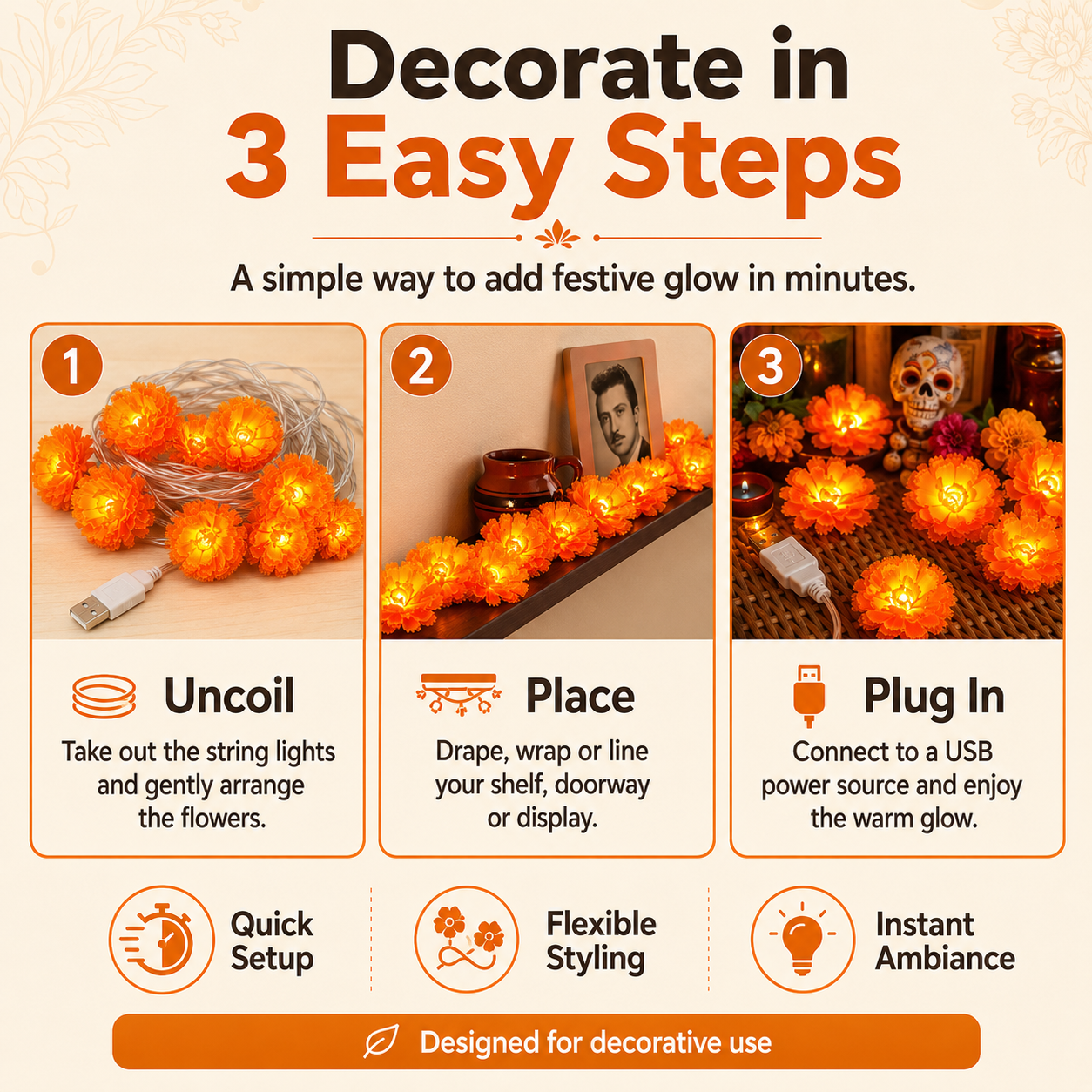 Three easy steps to set up USB marigold flower string lights