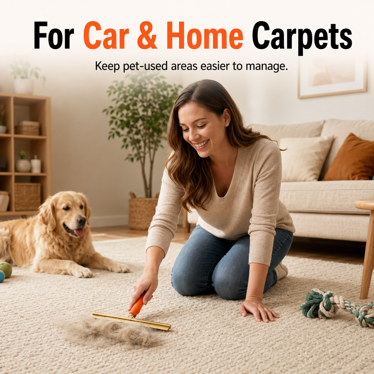 Holding orange extended handle of manual pet hair scraper