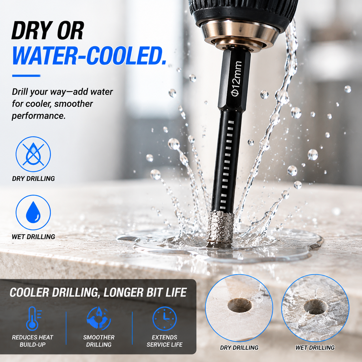 Diamond drill bit application across glass, ceramic, marble, and granite