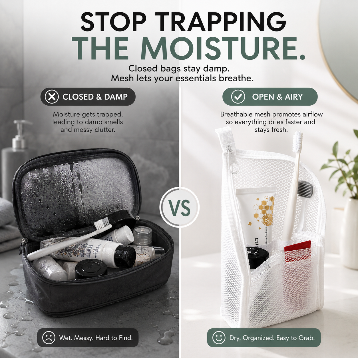 Breathable mesh toiletry bag helps reduce trapped moisture