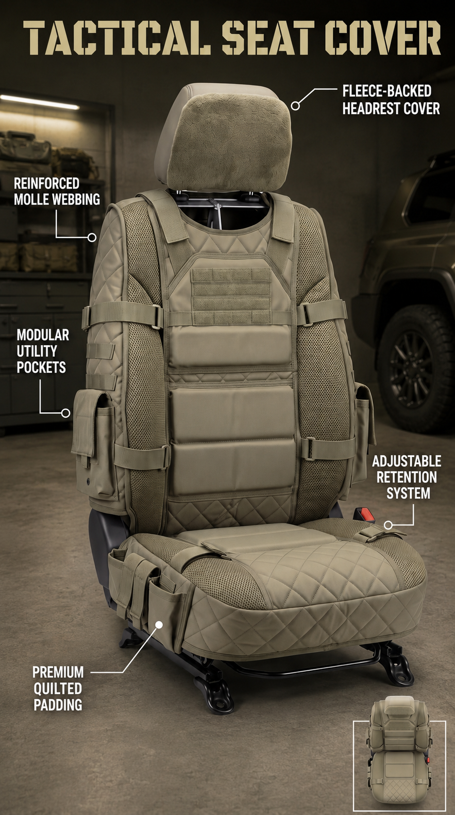 Rugged MOLLE truck seat cover in khaki