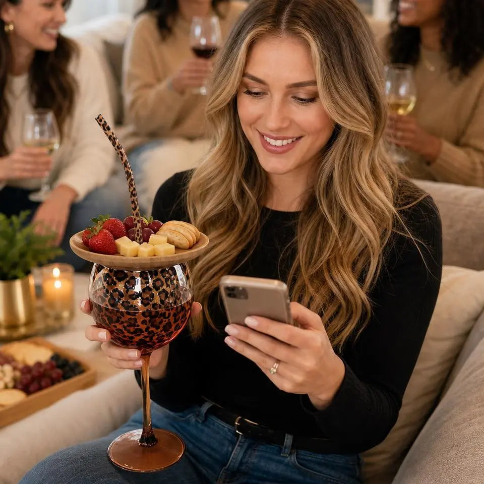 Woman Using Leopard Print Wine and Snack Glass