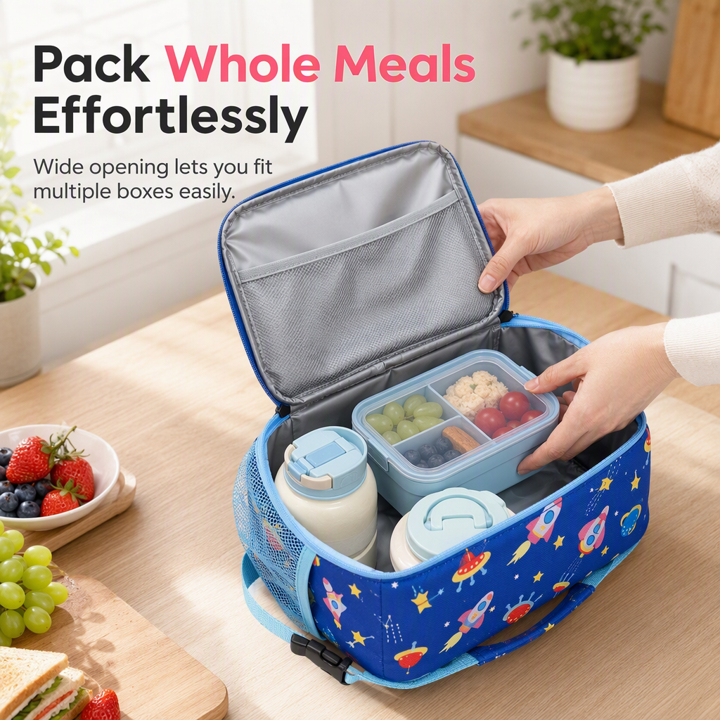 Lunch bag opening 180 degrees for easy meal packing