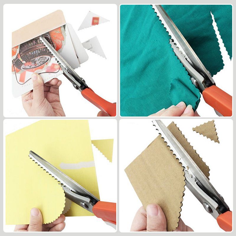 Pinking shears cutting fabric ribbon paper and craft materials