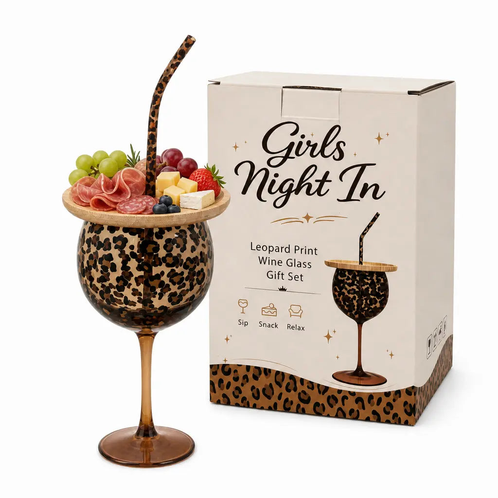 Leopard Print Wine Glass and Charcuterie Gift Set