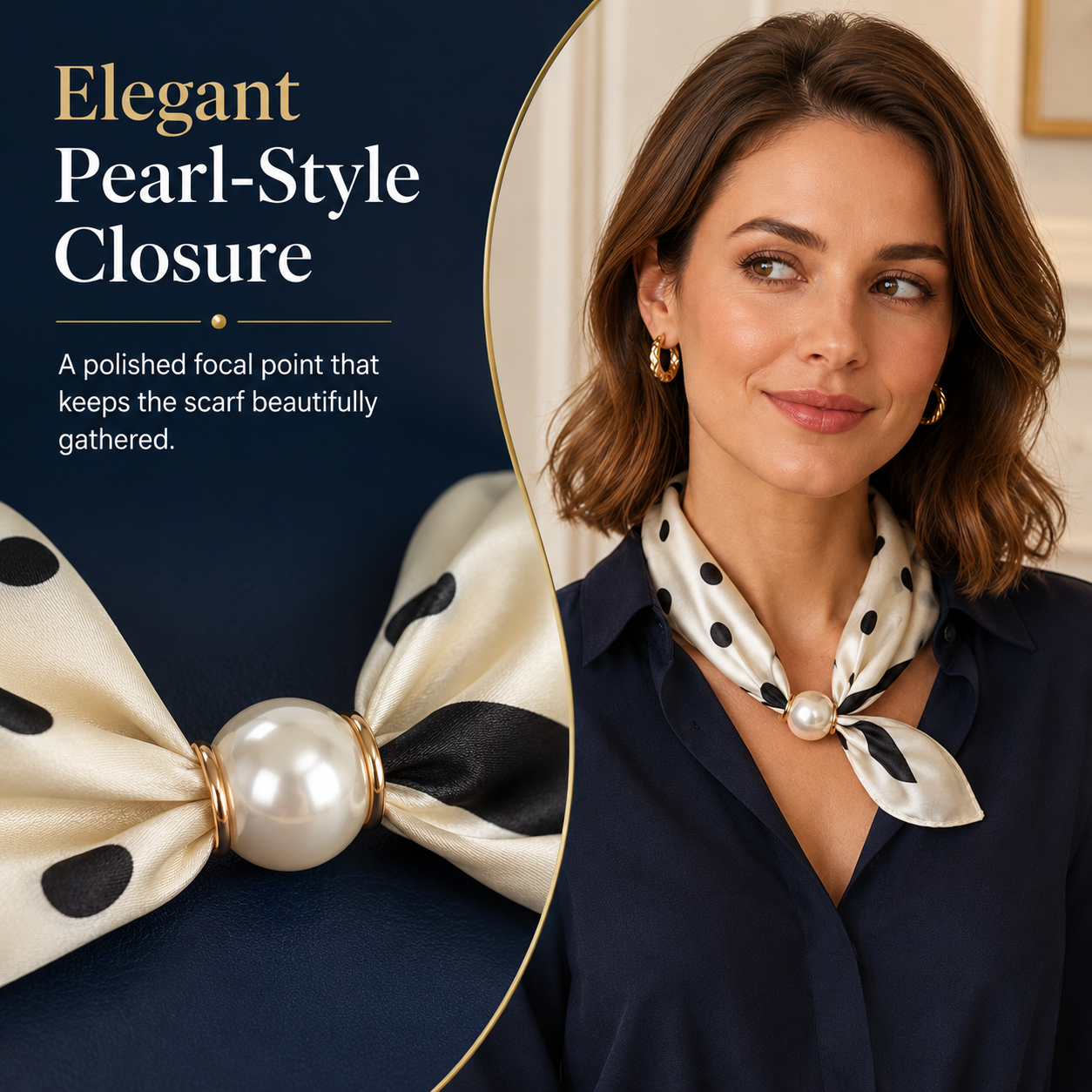Pearl clasp closure detail on smooth printed silk feel scarf
