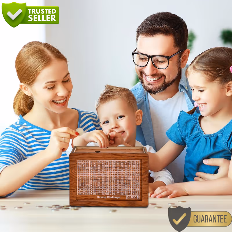 Wooden savings challenge box for family money goals
