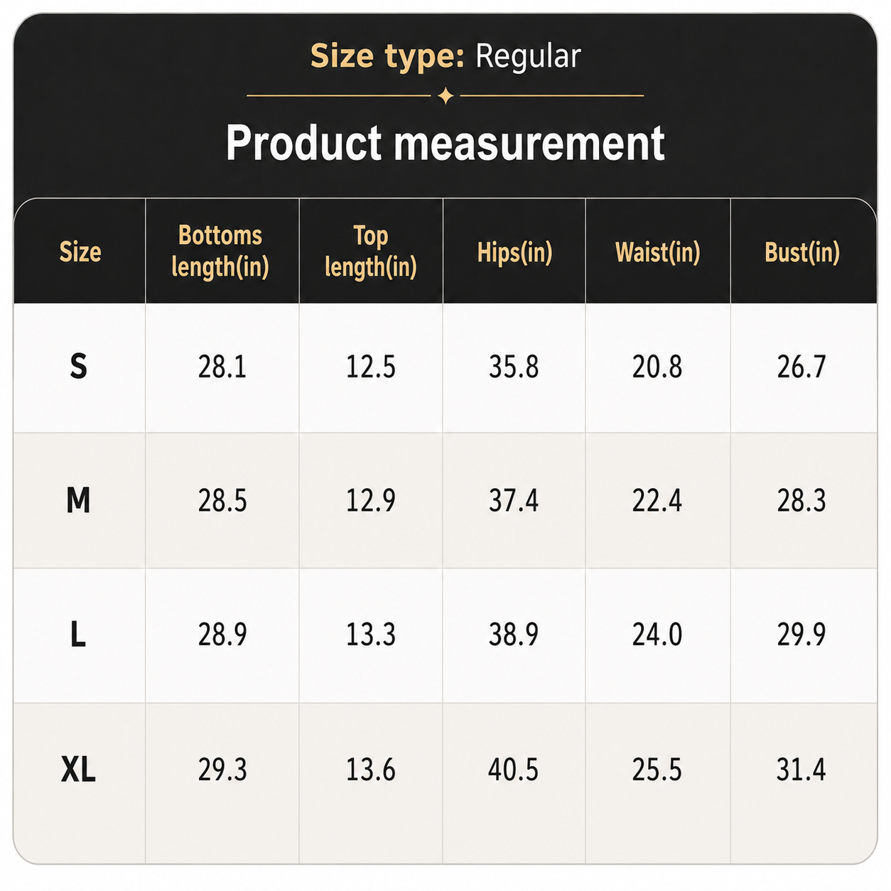 Women's activewear size chart and fit measurement recommendations