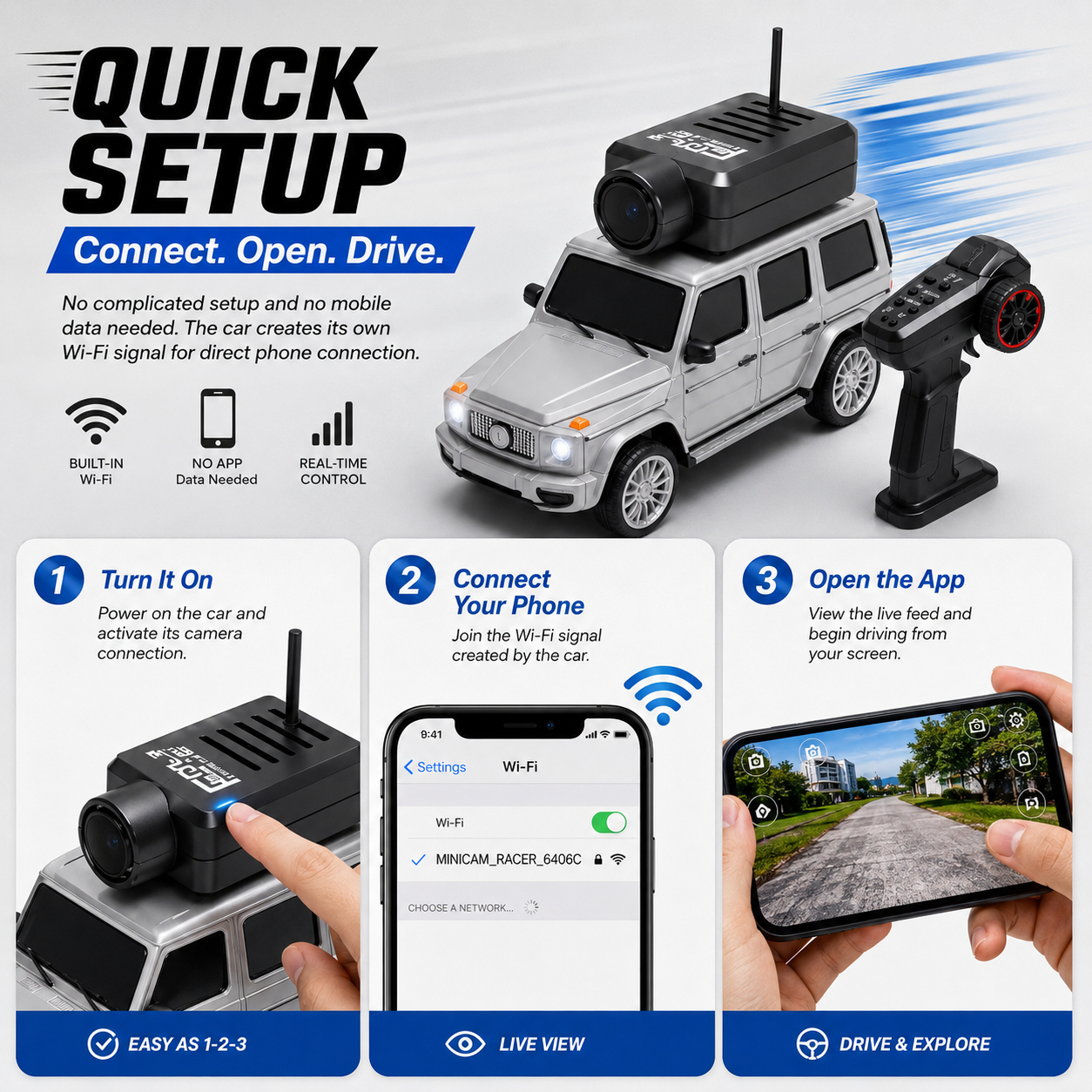 Three-step Mini FPV camera car setup