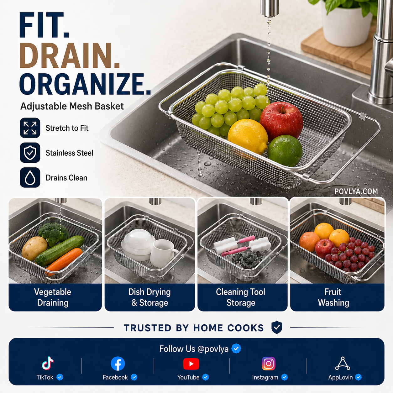 Adjustable sink basket for vegetables dishes tools and fruit