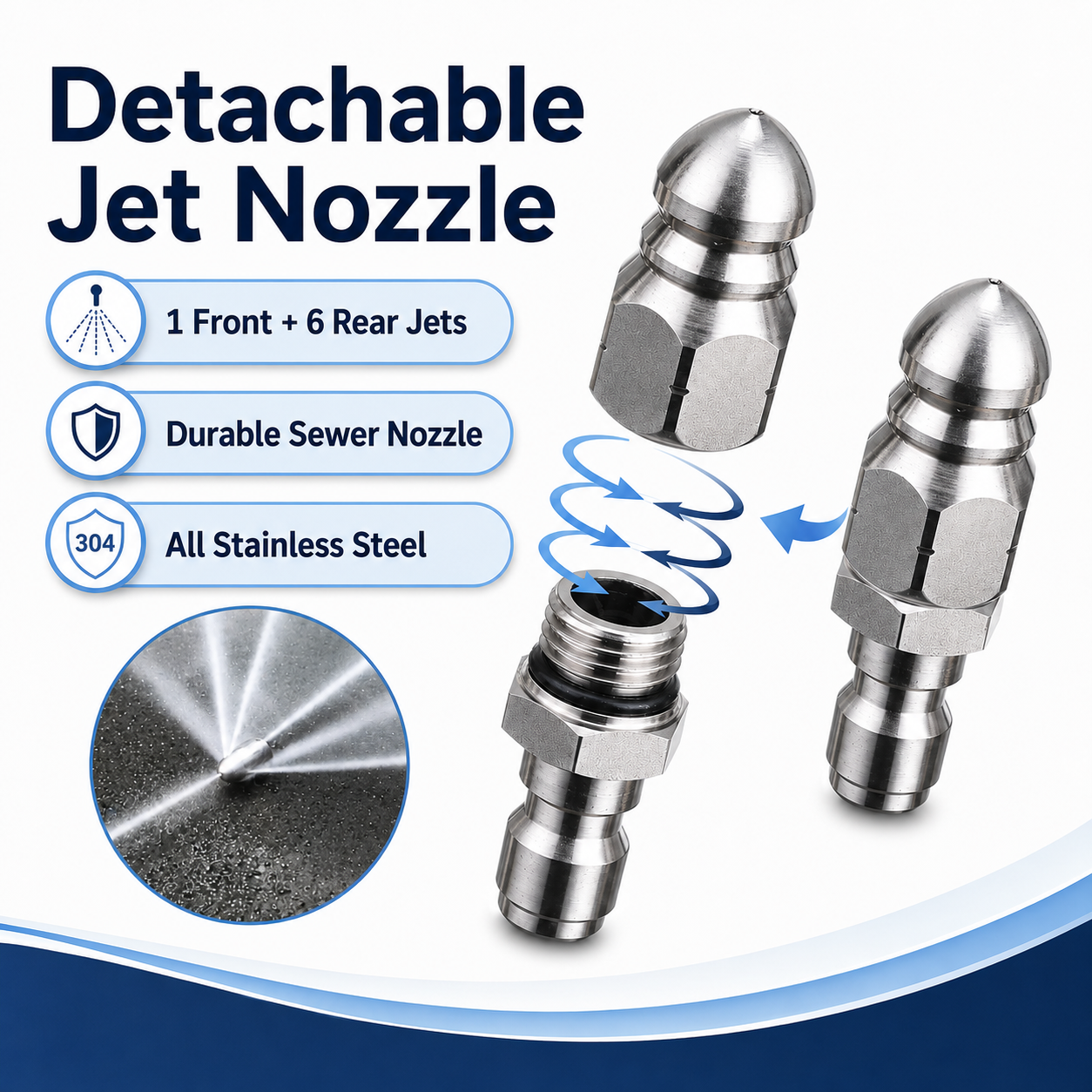 Rotating jet and button nose jet nozzle configurations