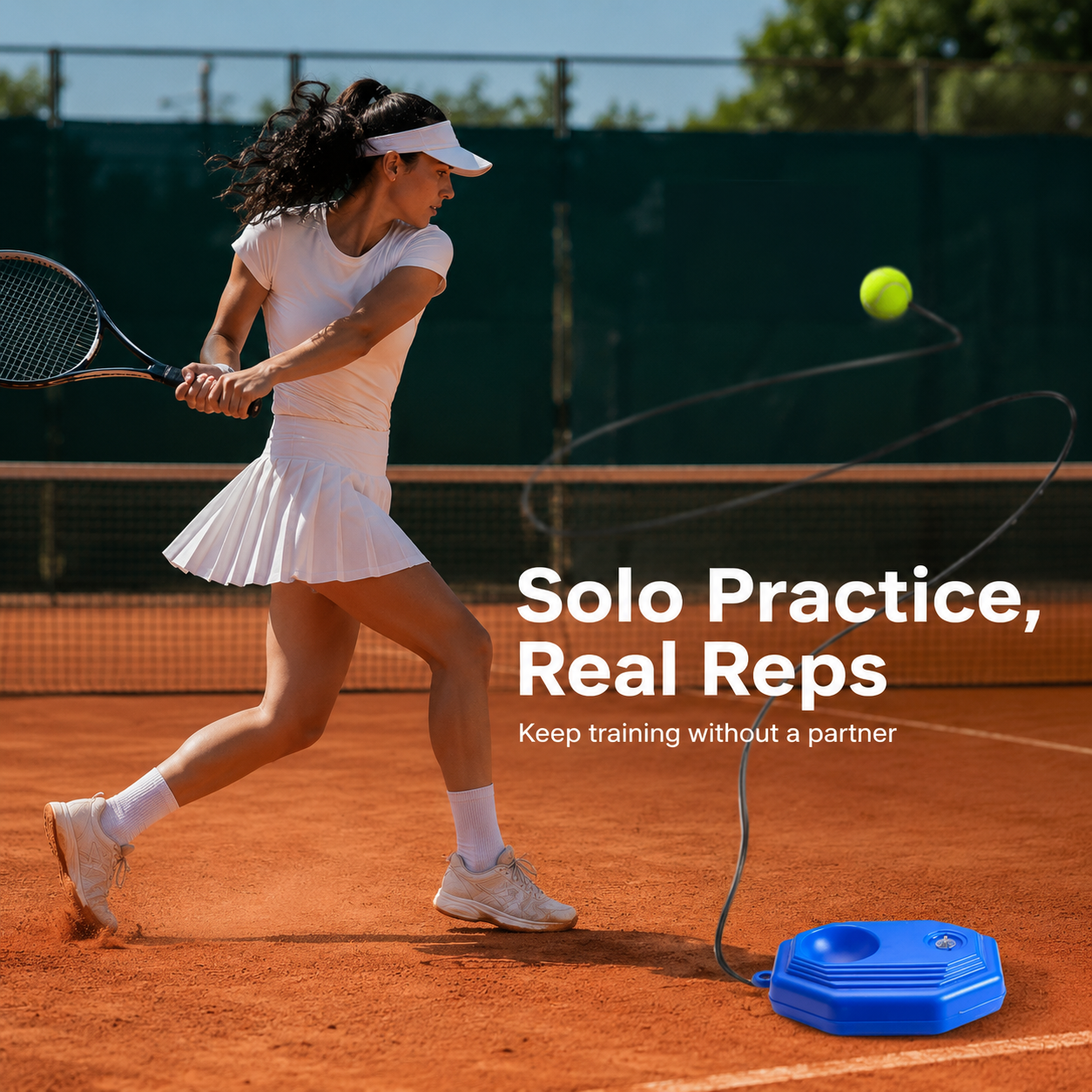 Solo tennis rebound trainer baseboard and corded ball overview