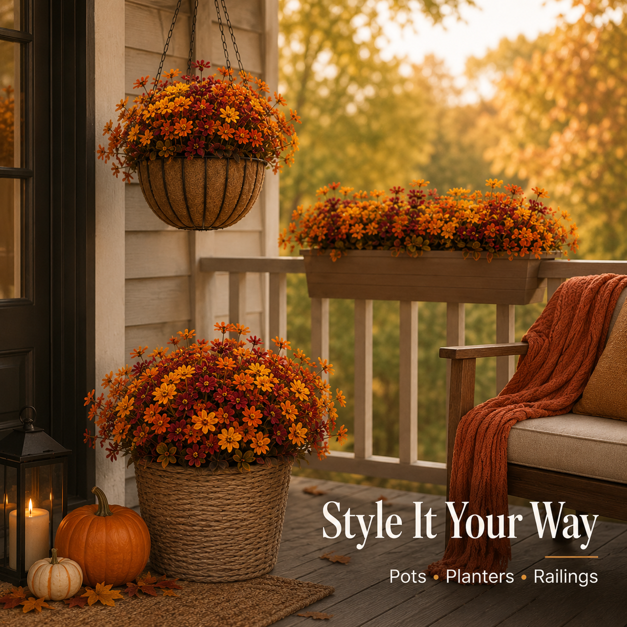 Close-up of autumn flowers paired with rustic entryway planters