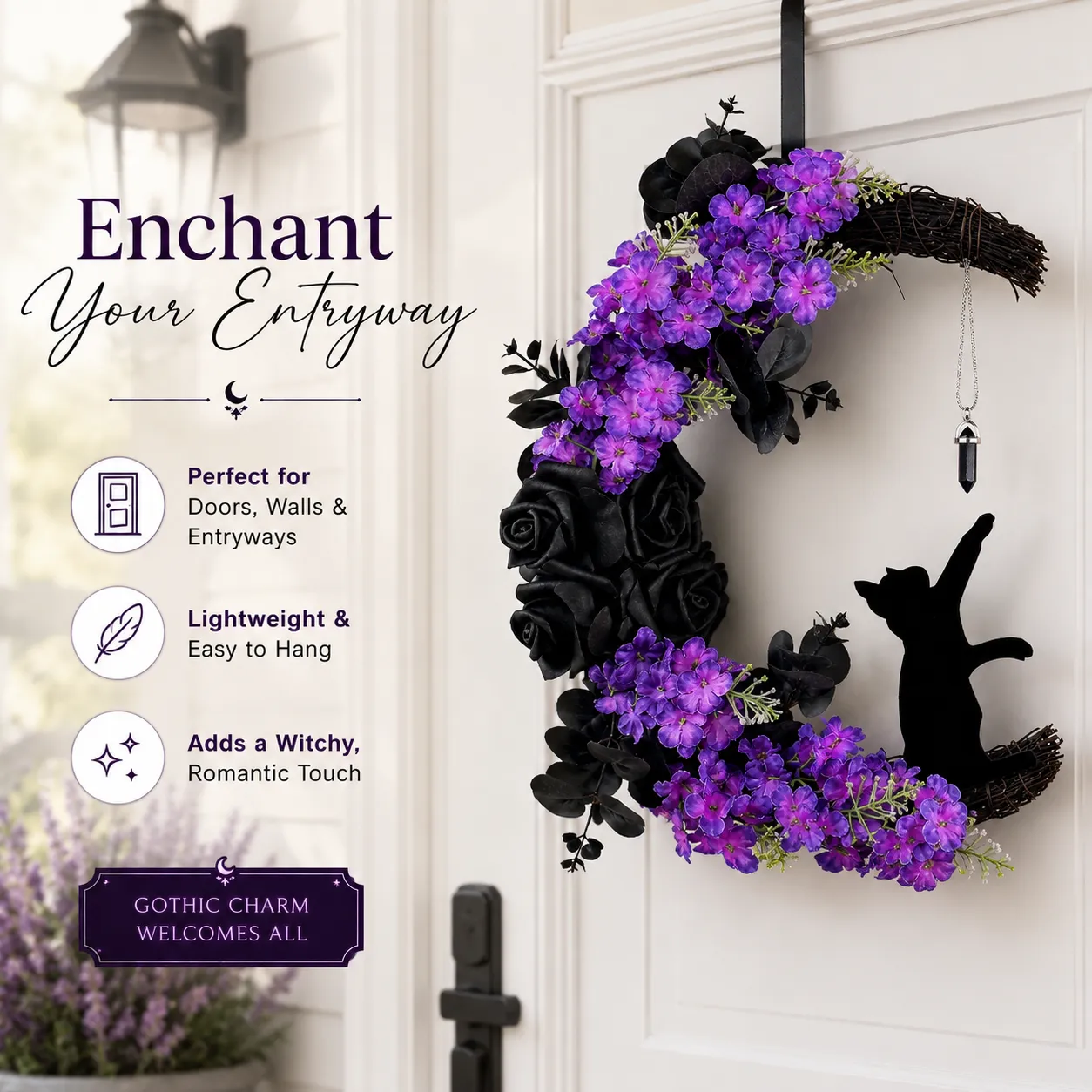 Halloween crescent moon cat wreath gift for gothic decor lovers and cat lovers